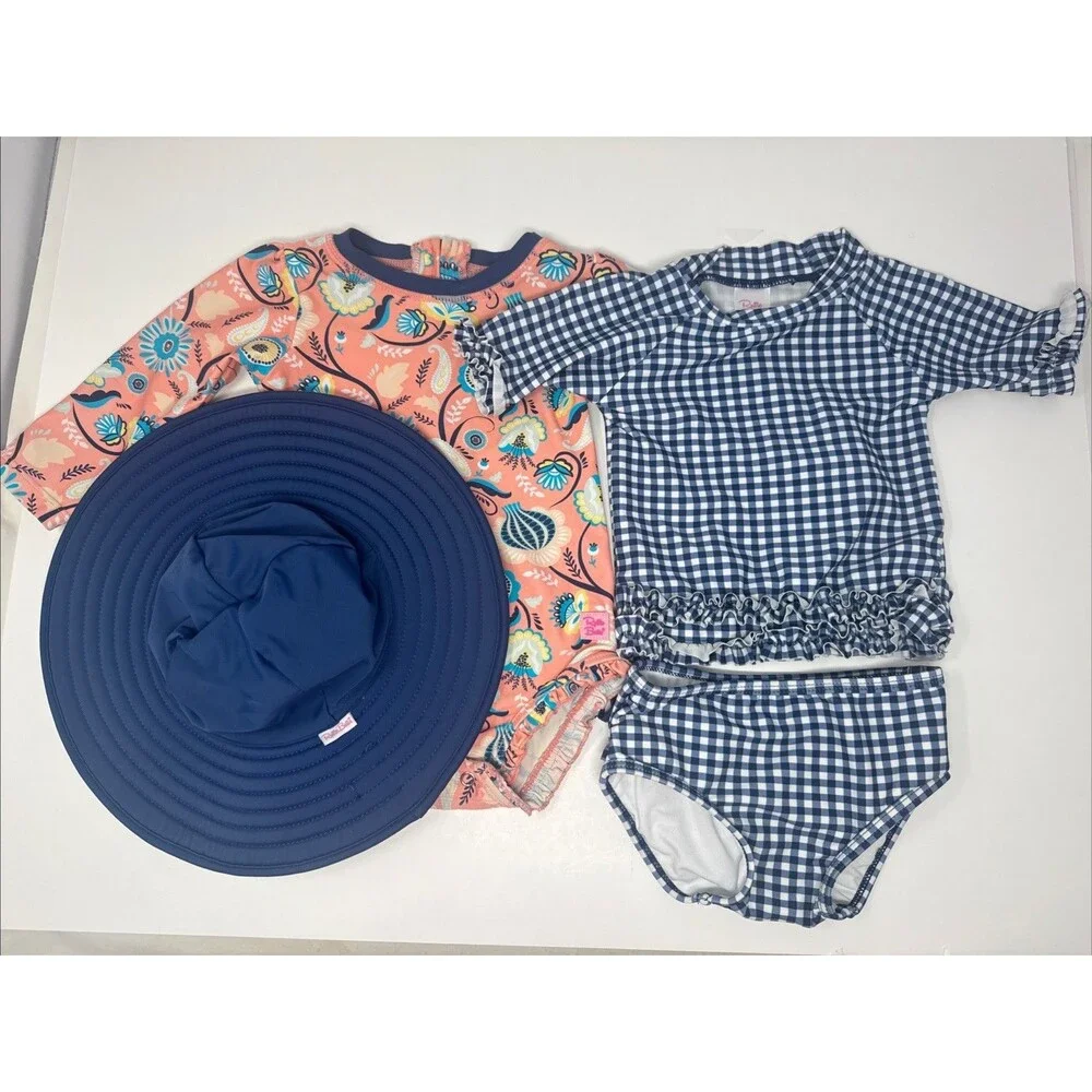 Ruffle Butts 12-18M Swimsuit Lot + Hat Long Sleeve Rashguard & Two Piece Blue